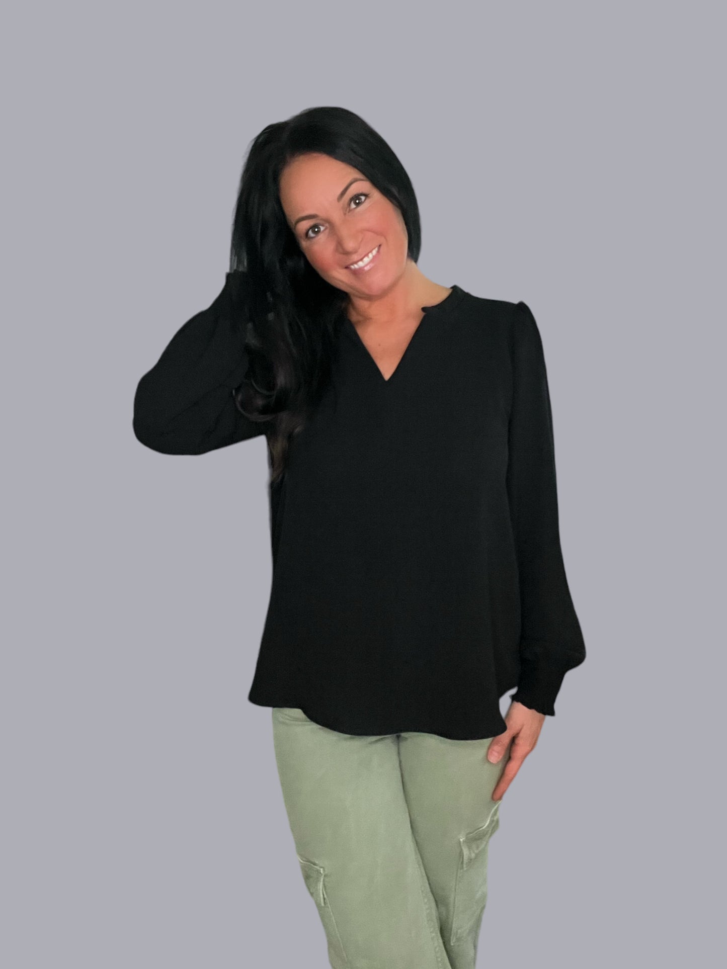 Solid Smocked Cuff Long-Sleeve Top