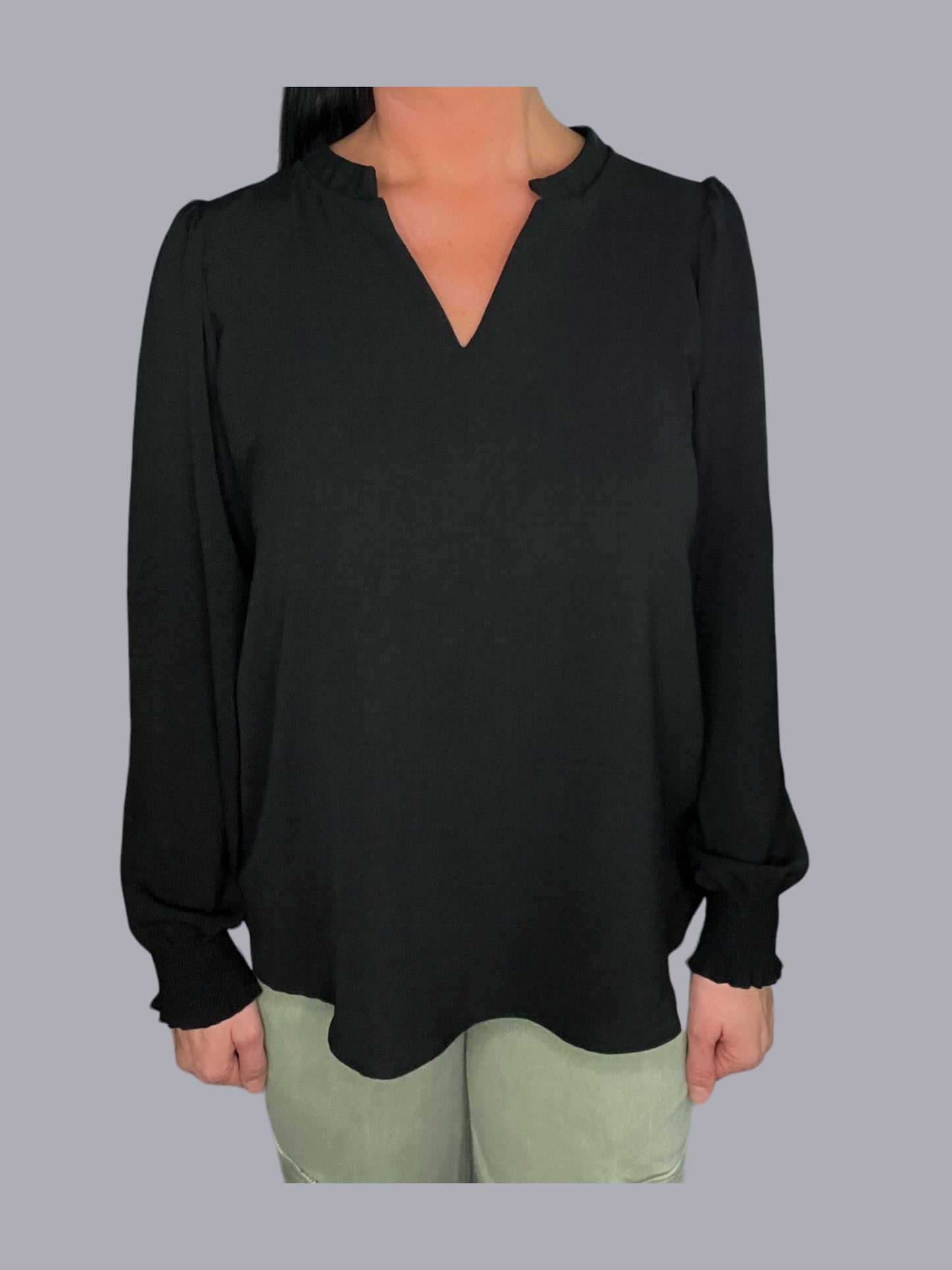 Solid Smocked Cuff Long-Sleeve Top