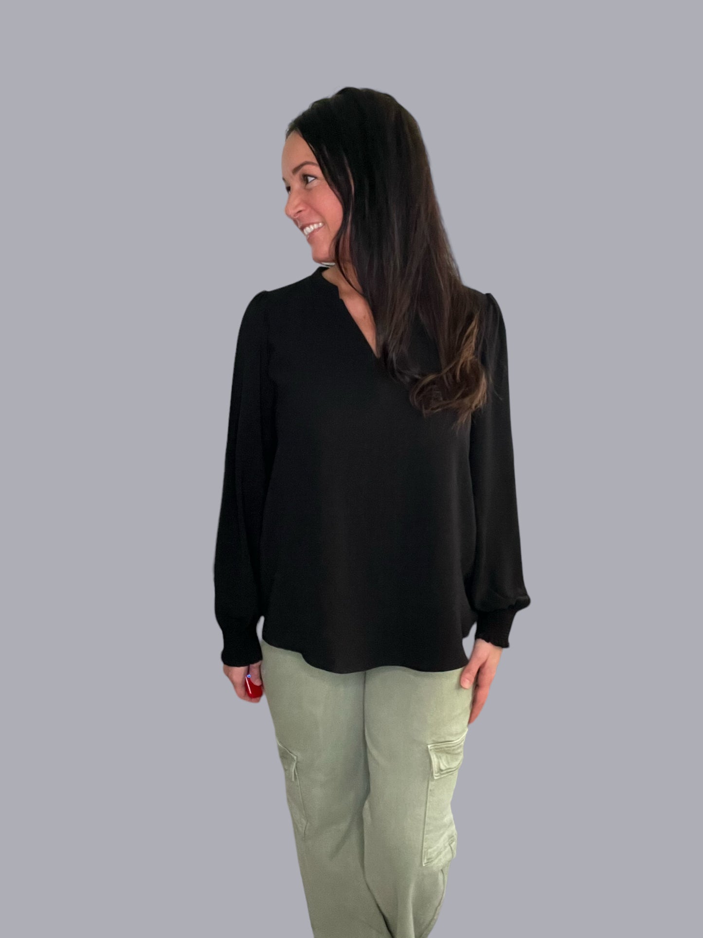 Solid Smocked Cuff Long-Sleeve Top