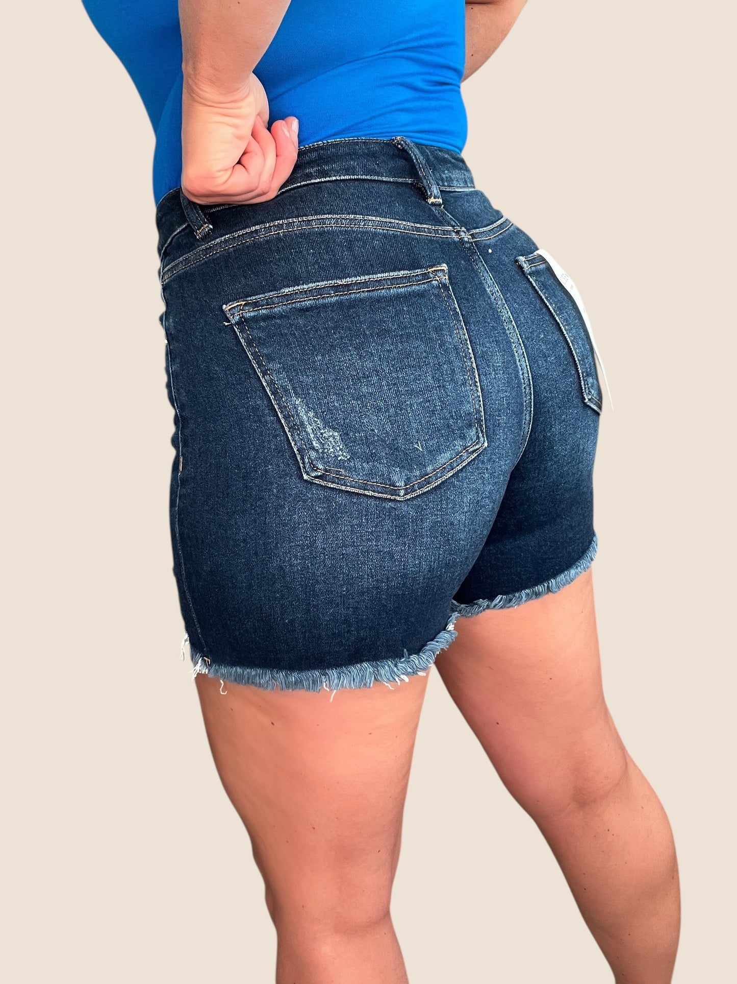 Risen High-Rise Distressed Mid-Thigh Denim Shorts