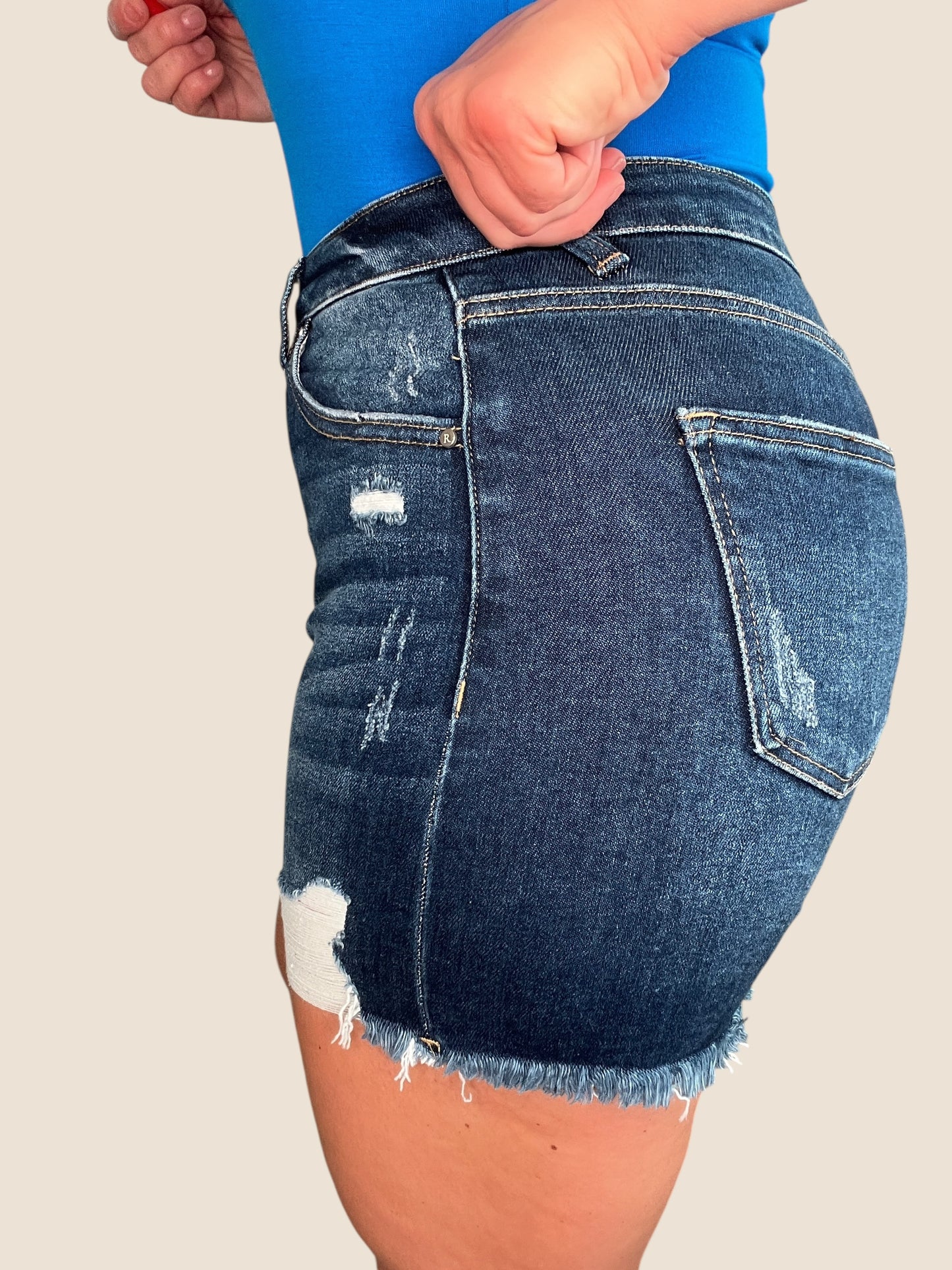 Risen High-Rise Distressed Mid-Thigh Denim Shorts