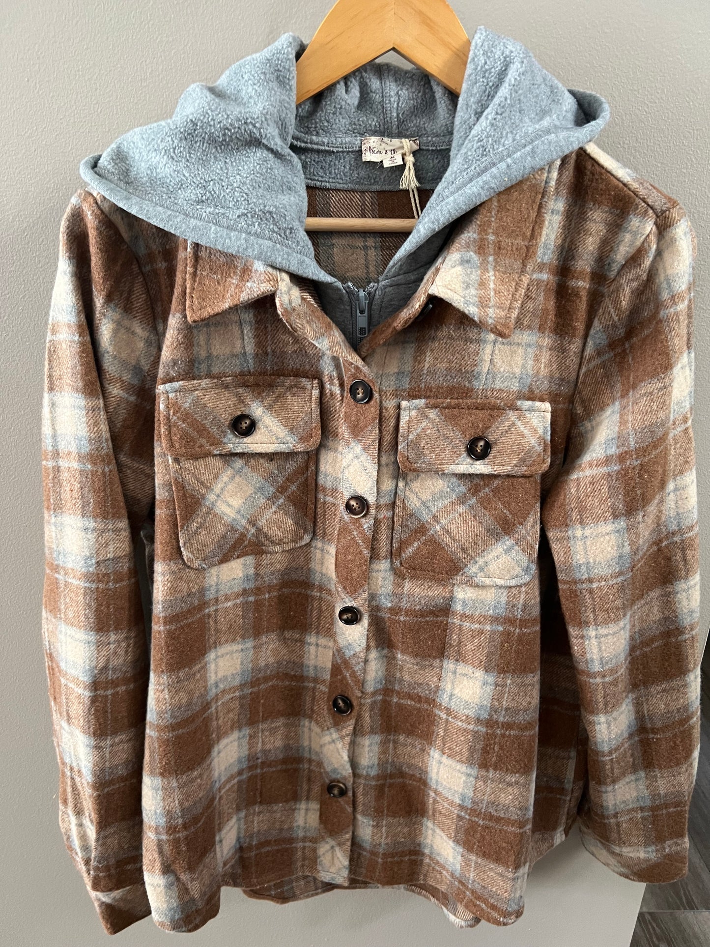 Button Down Plaid Shacket with Hoodie