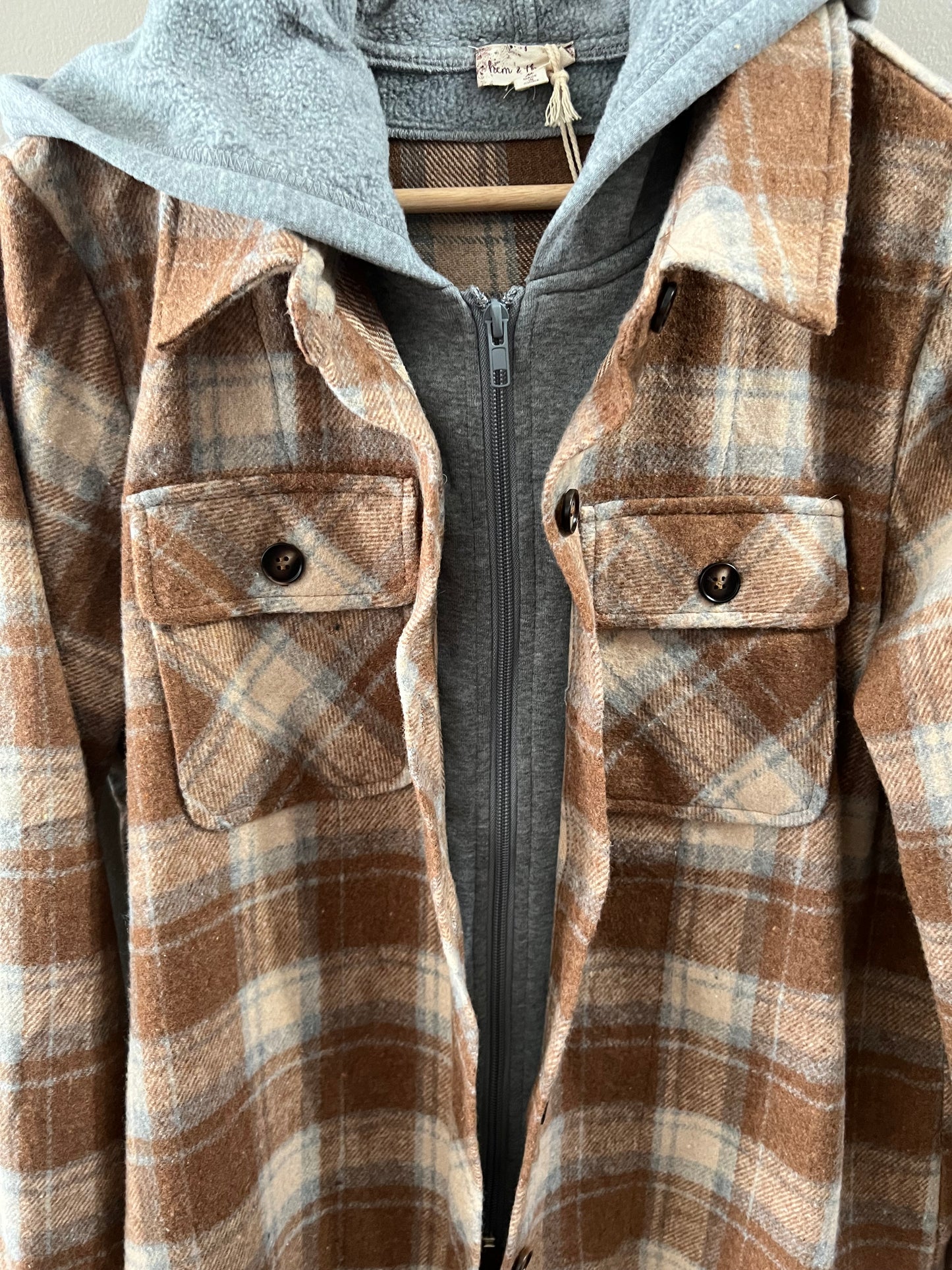 Button Down Plaid Shacket with Hoodie