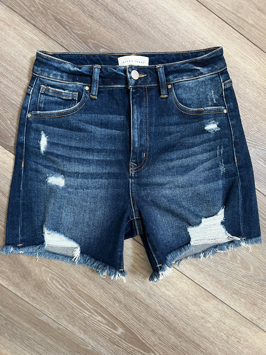 Risen High-Rise Distressed Mid-Thigh Denim Shorts