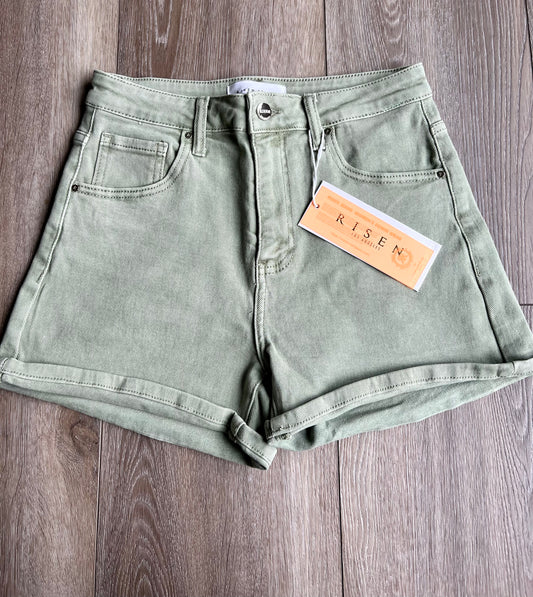 Risen High-Rise Non-Distressed Olive Jean Shorts