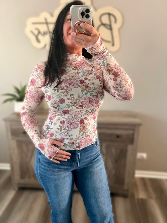 Floral Print Mesh Knit Top