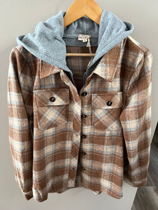 Button Down Plaid Shacket with Hoodie