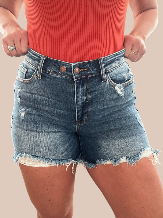 Judy Blue Mid-Rise 2 Button Destroyed ‘Dad’ Shorts