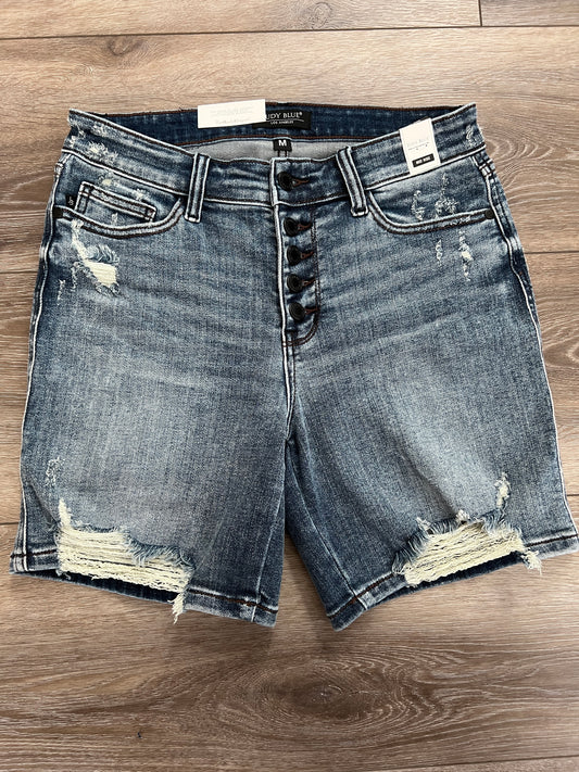 Judy Blue Mid-Length Button-Fly Distressed Jean Shorts