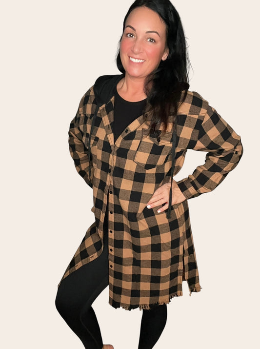 Longline Button-Up Plaid Flannel Hoodie