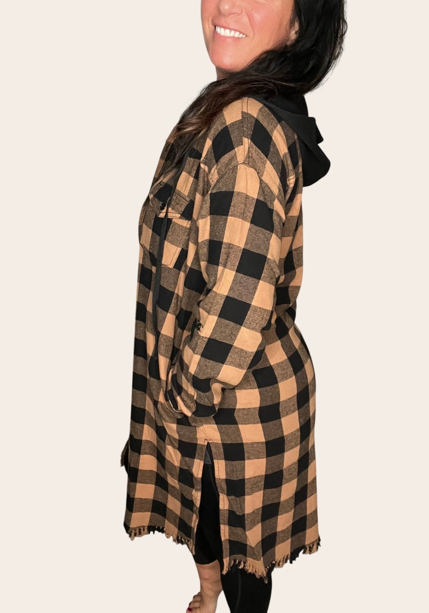 Longline Button-Up Plaid Flannel Hoodie