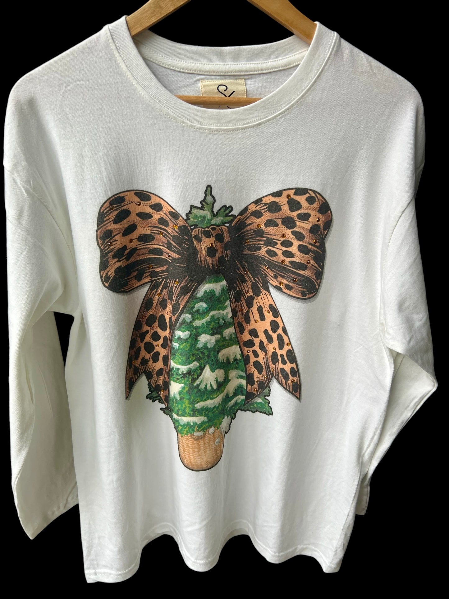 Snowy Tree Rhinestone Bow Graphic Long Sleeve T-Shirt