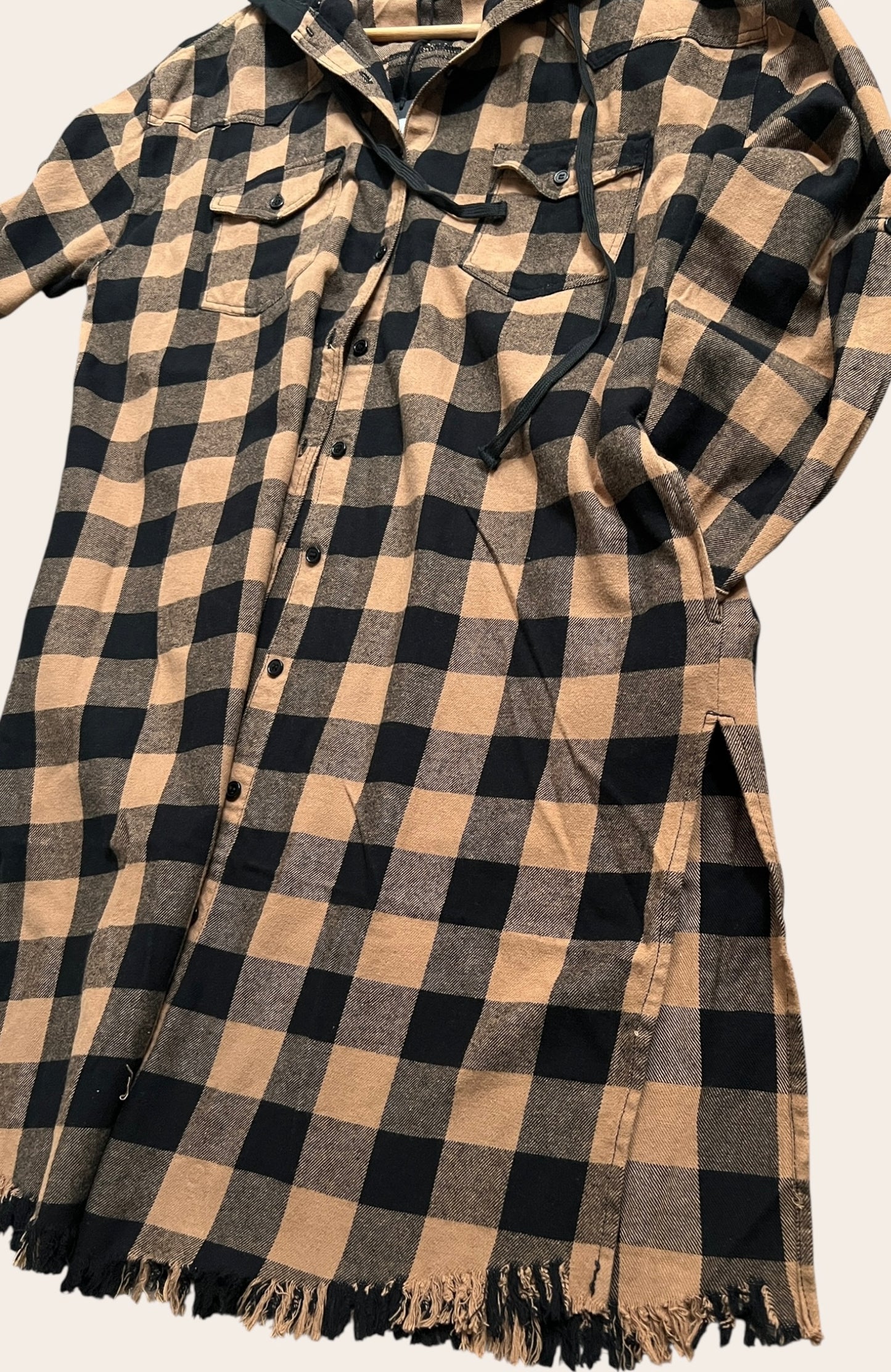 Longline Button-Up Plaid Flannel Hoodie