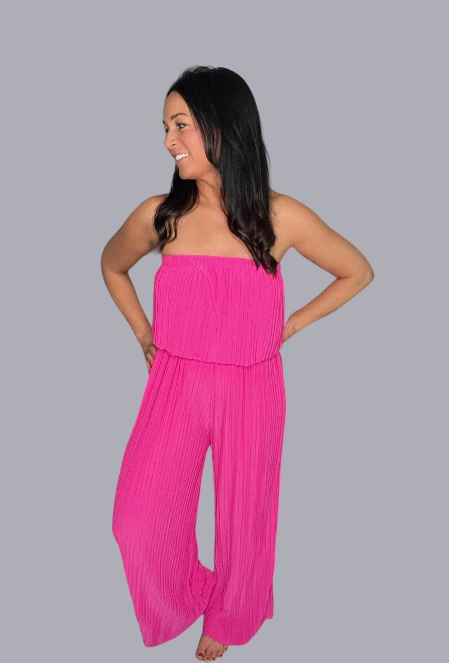 Pleated Strapless Wide Leg Jumpsuit