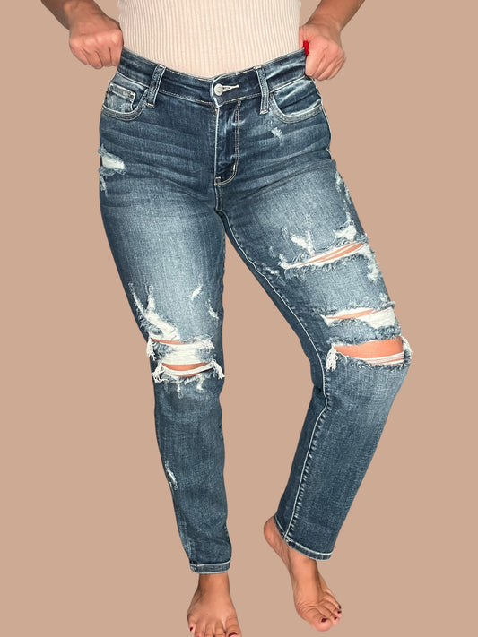 Judy Blue Mid-Rise Cuffed Destroyed Boyfriend Jeans