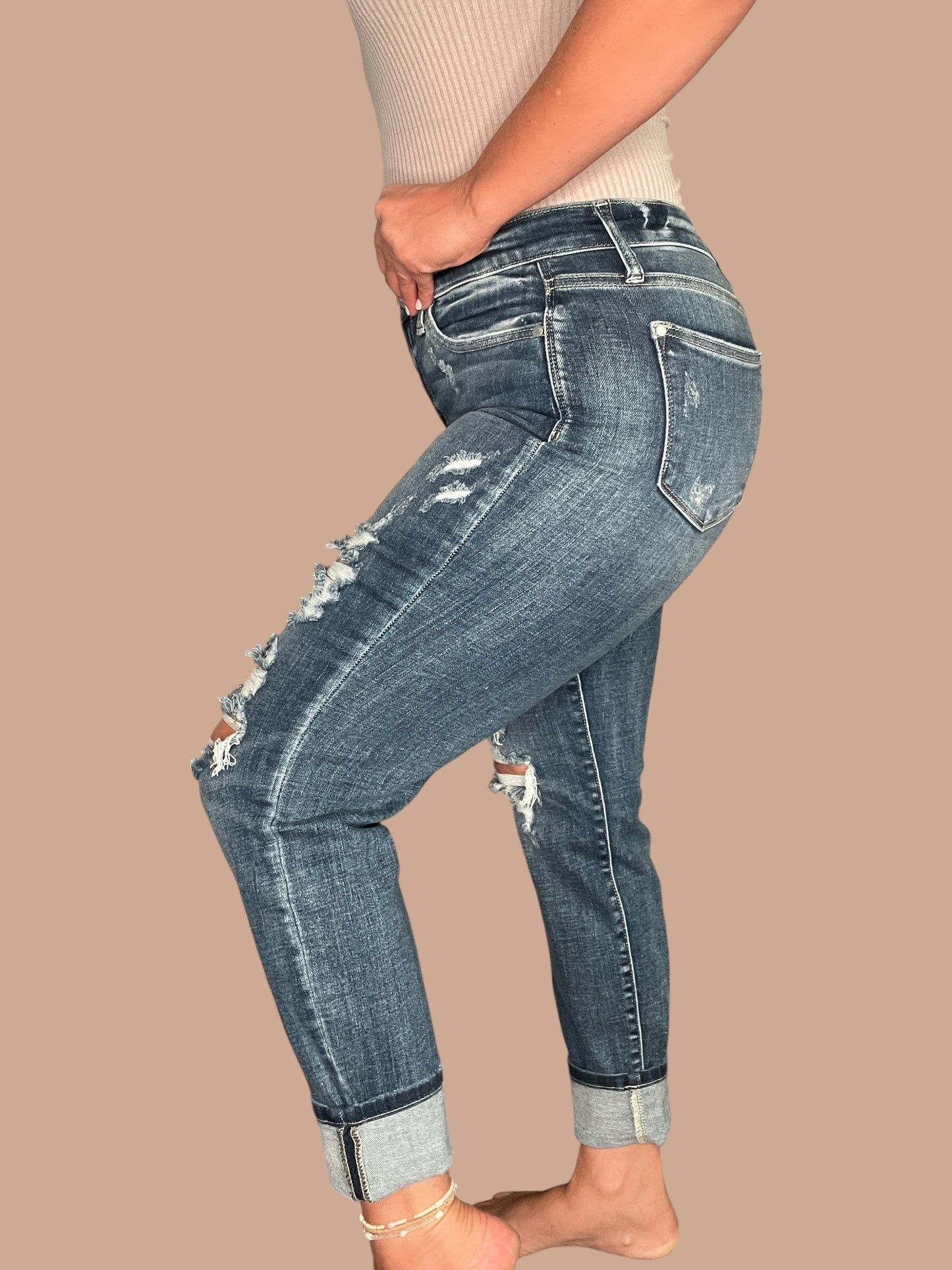 Judy Blue Mid-Rise Cuffed Destroyed Boyfriend Jeans
