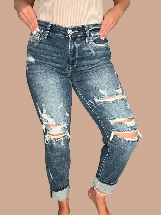 Judy Blue Mid-Rise Cuffed Destroyed Boyfriend Jeans