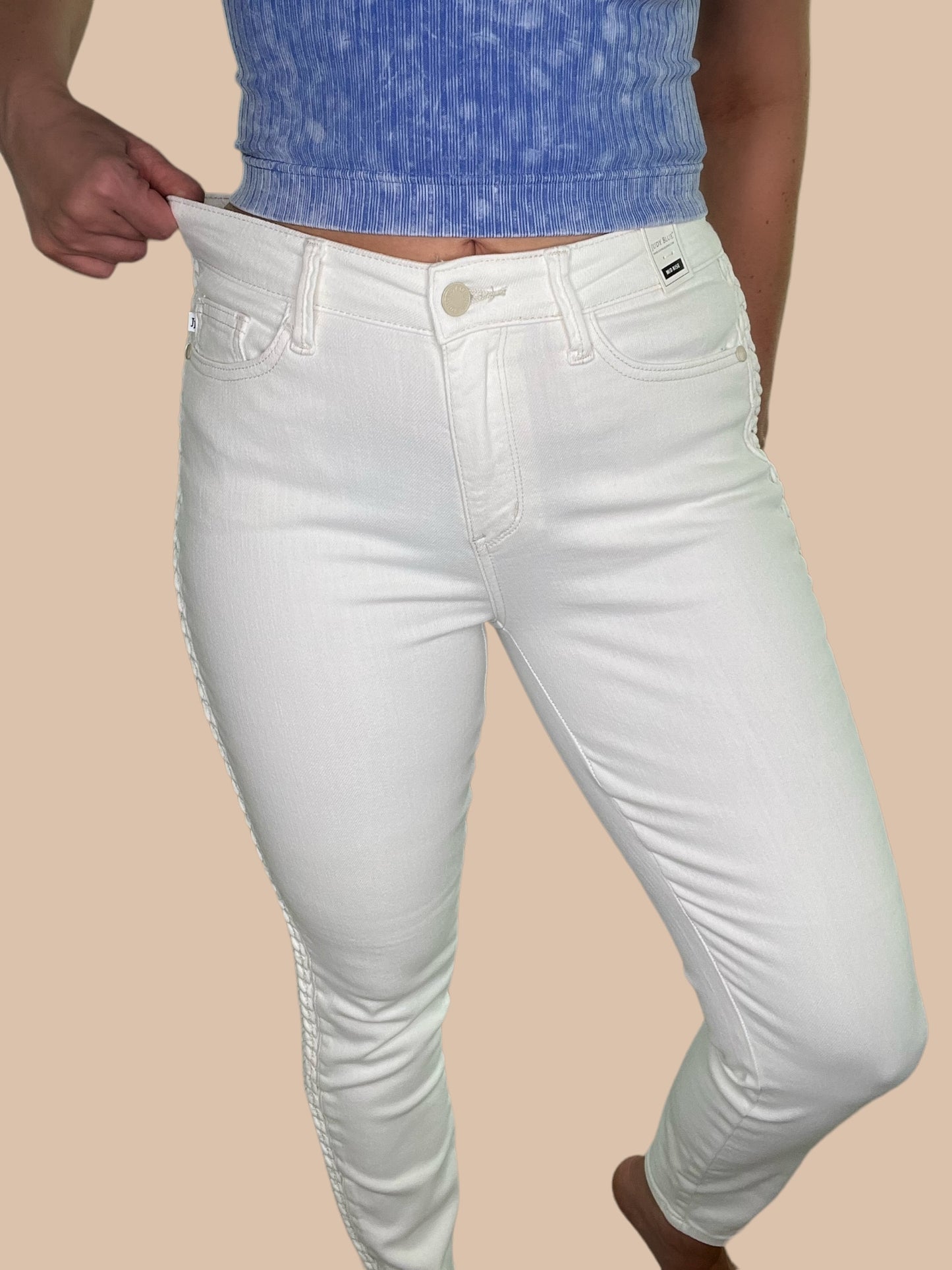 Judy Blue Mid-Rise Braided Relaxed Skinny White Jeans