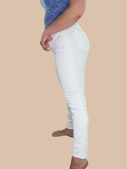 Judy Blue Mid-Rise Braided Relaxed Skinny White Jeans