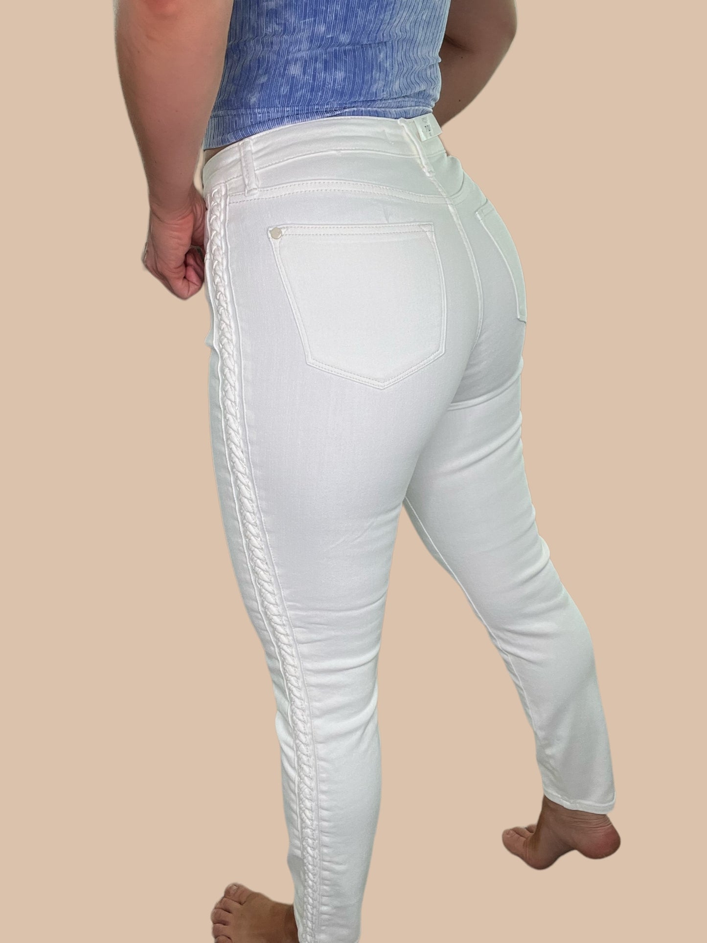 Judy Blue Mid-Rise Braided Relaxed Skinny White Jeans