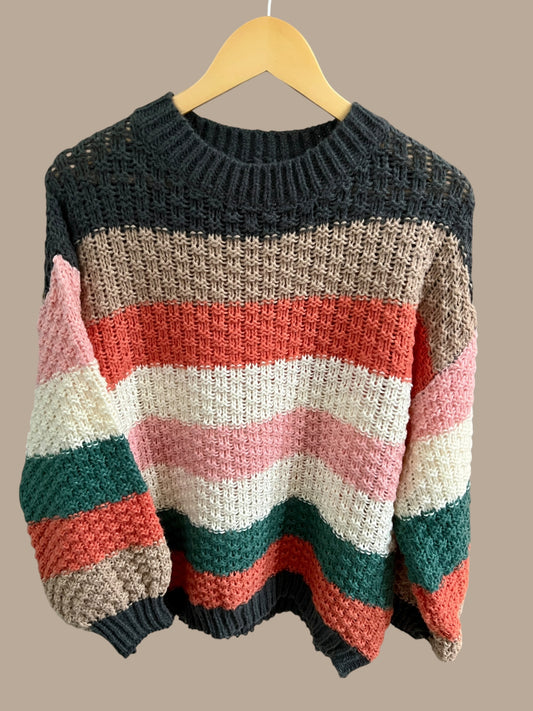 Color-Block Striped Chunky Sweater
