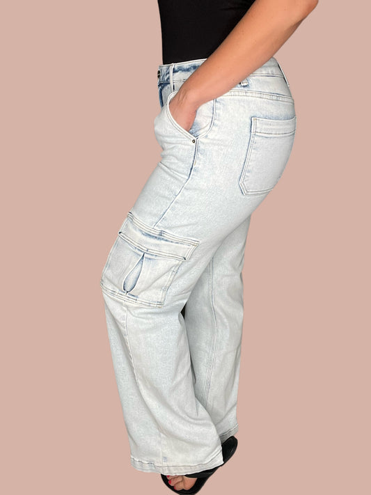 Risen Wide Leg Light Wash Cargo Jeans
