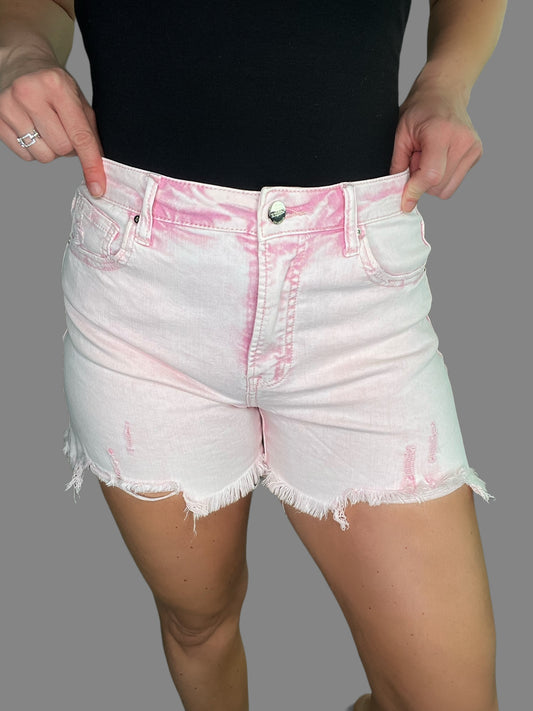 Risen High-Rise Acid Pink Distressed Jean Shorts