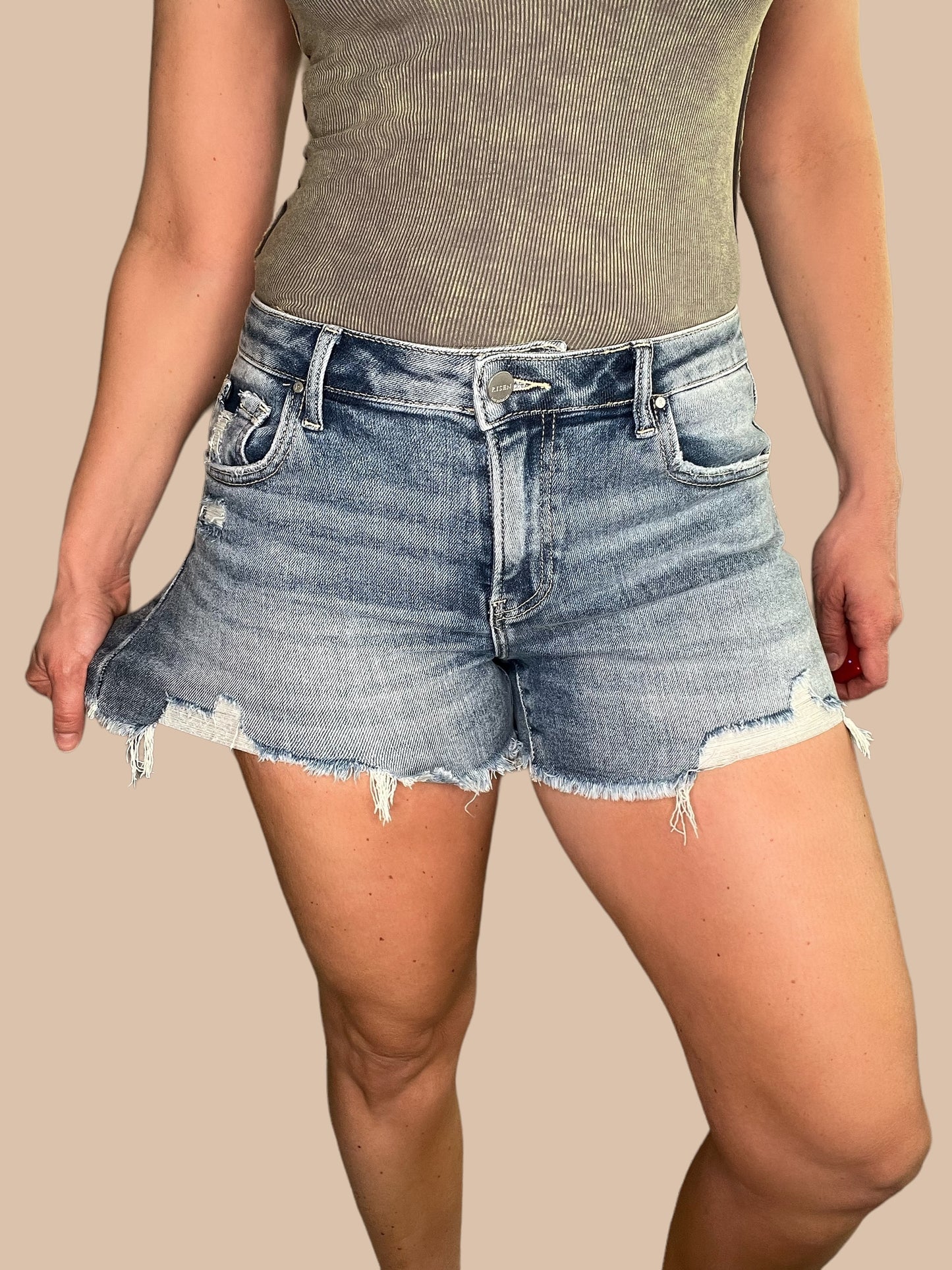 Risen Mid-Rise Distressed Cutoff Jean Shorts