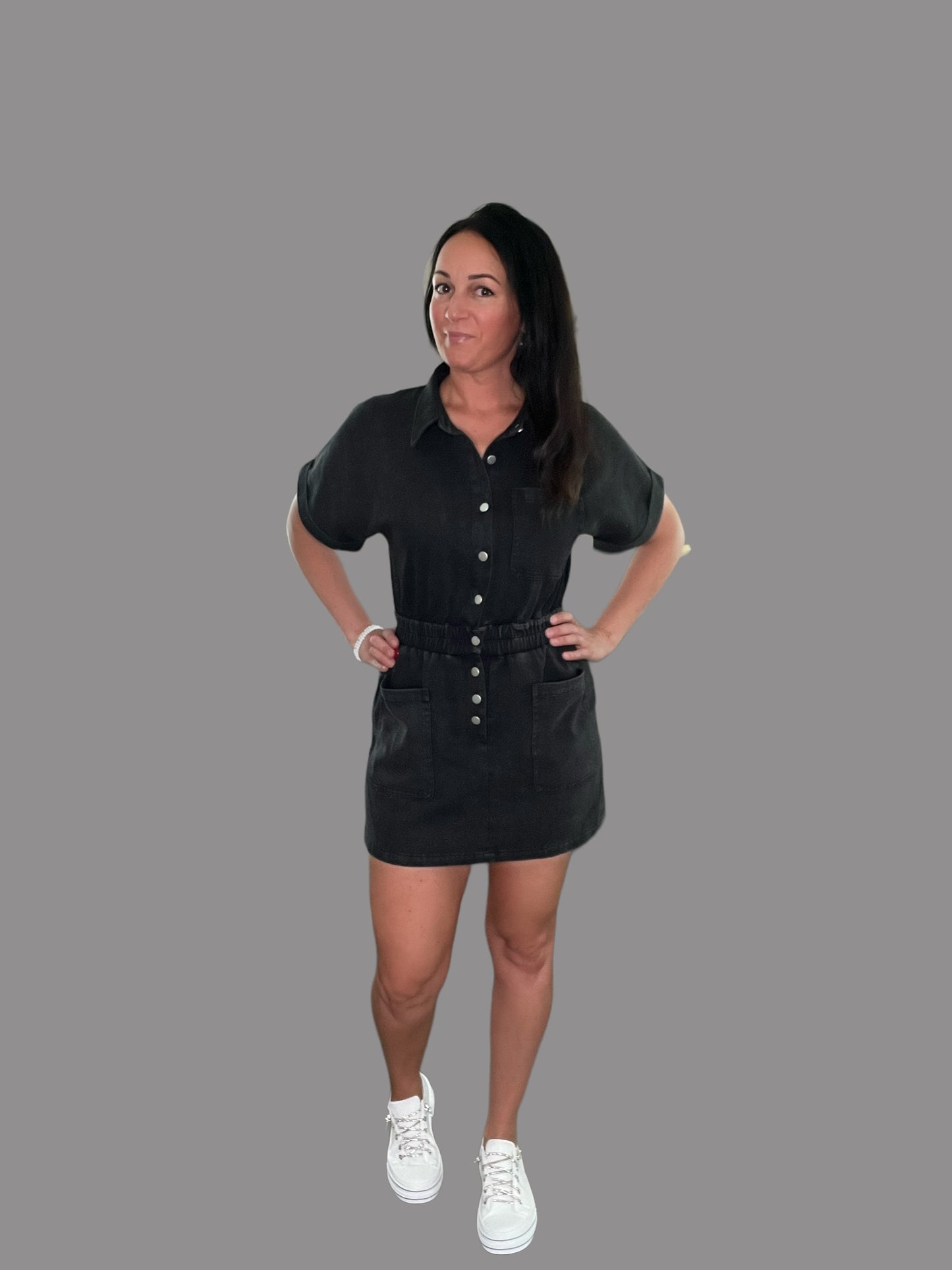 Button-Up Denim Dress w/ Built-In Shorts