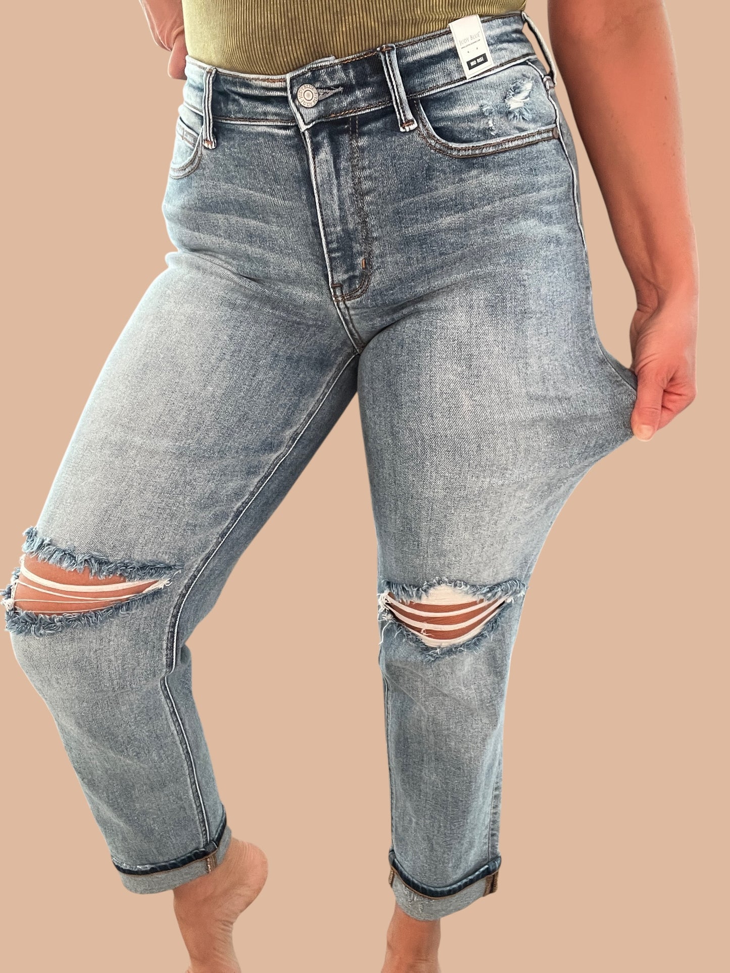 Judy Blue Mid-Rise Destroy Cuffed Boyfriend Jeans
