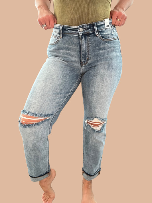 Judy Blue Mid-Rise Destroy Cuffed Boyfriend Jeans