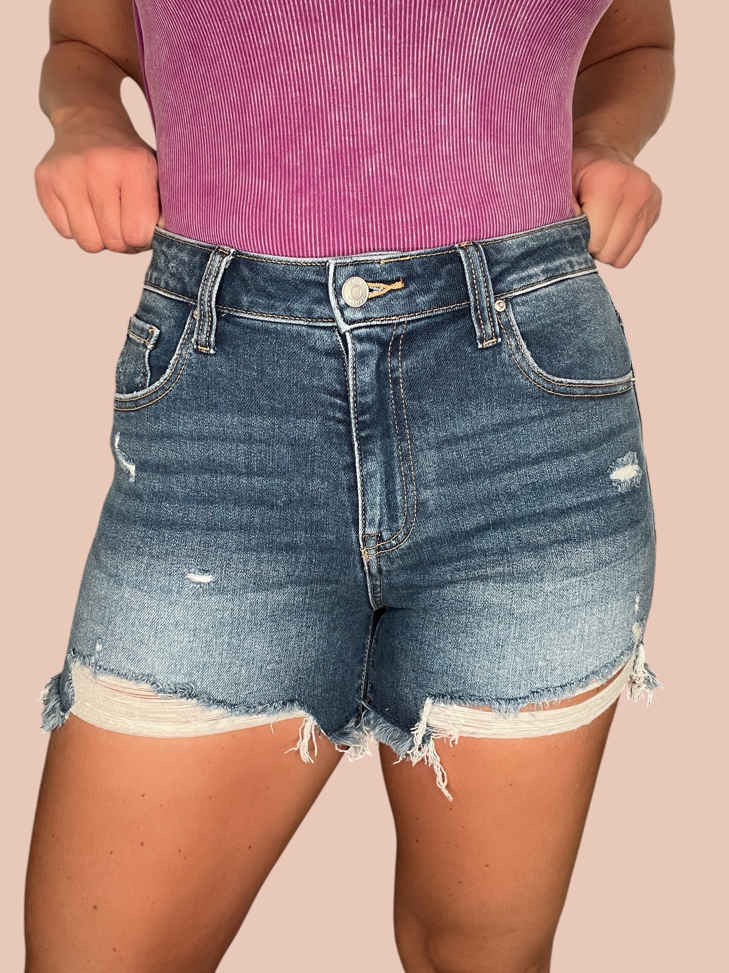 Zenana 'Chasing Summer' High-Rise Distressed Denim Shorts