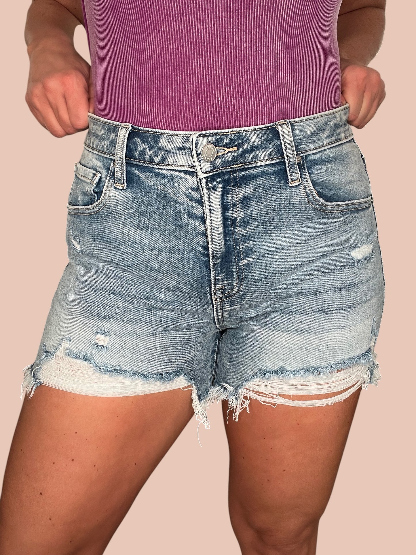Zenana 'Chasing Summer' High-Rise Distressed Denim Shorts