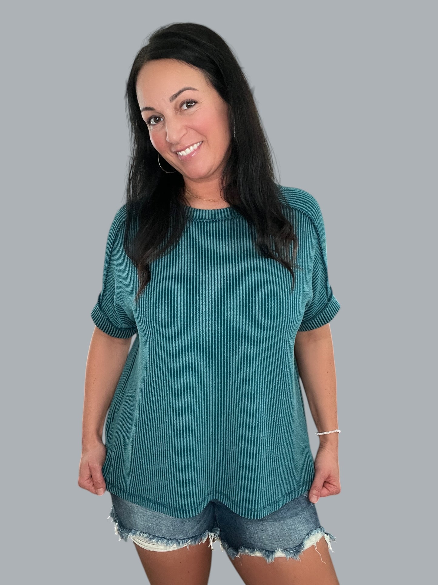 Cuffed Short Sleeve Ribbed Top