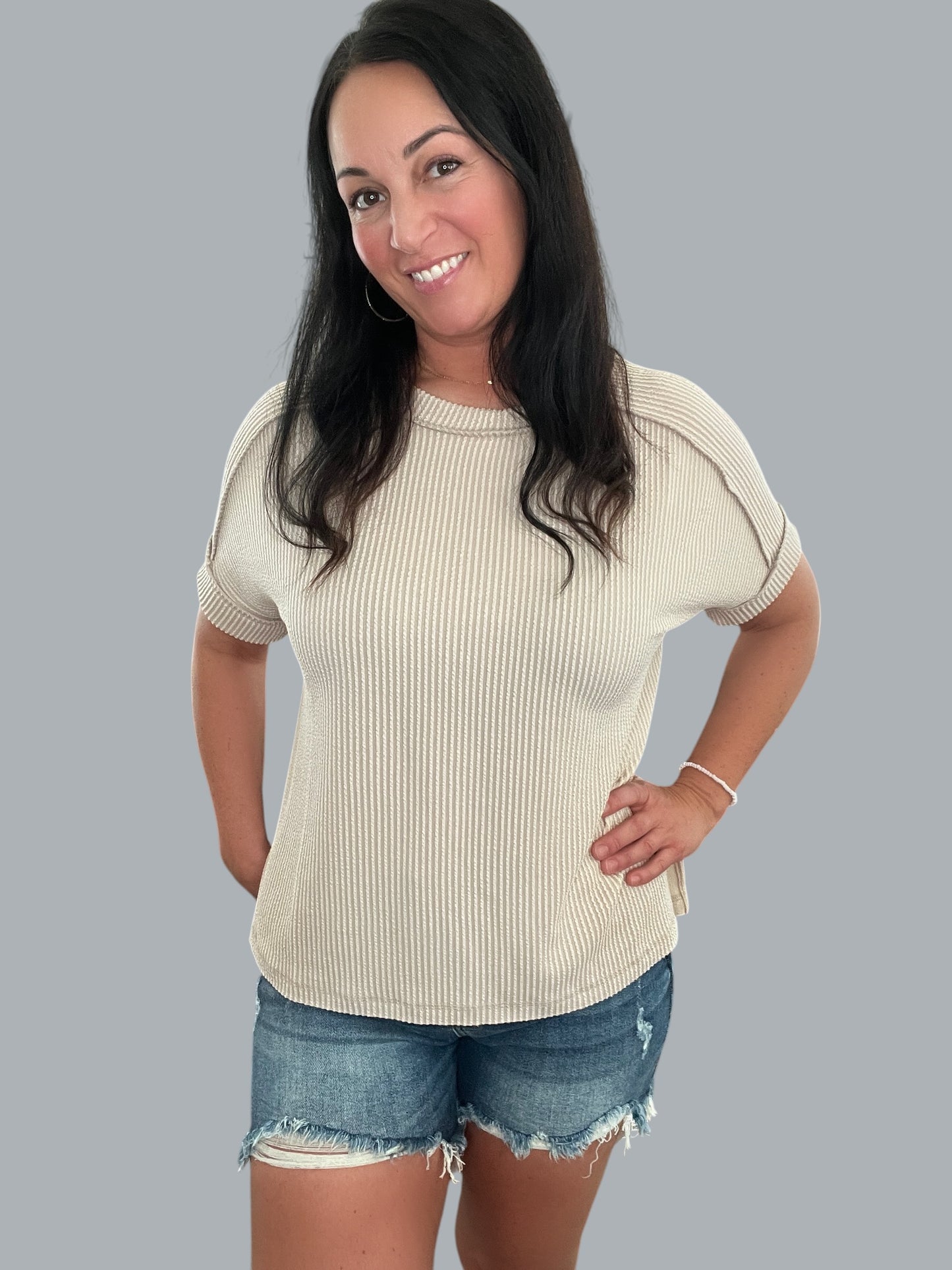 Cuffed Short Sleeve Ribbed Top