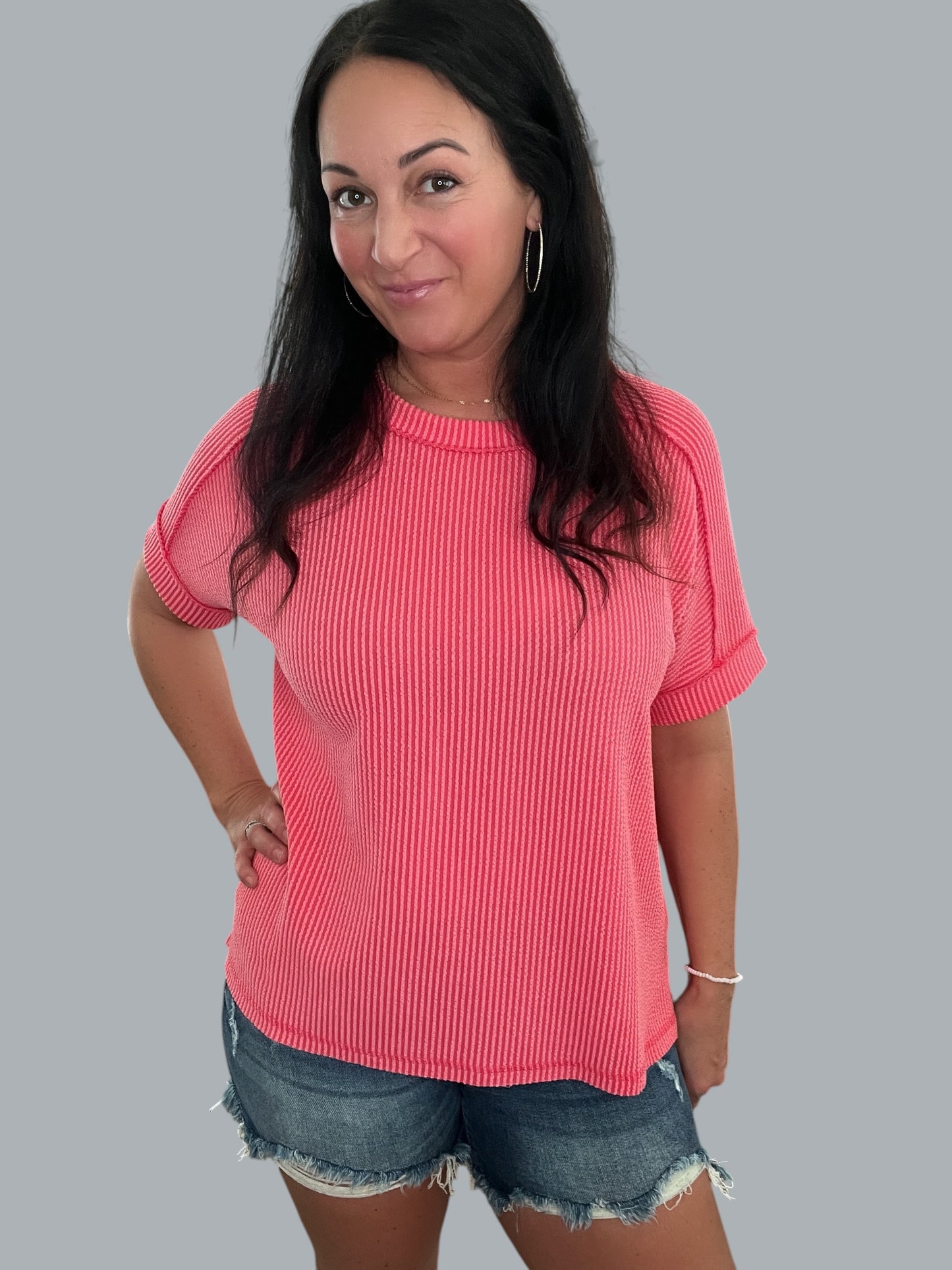 Cuffed Short Sleeve Ribbed Top