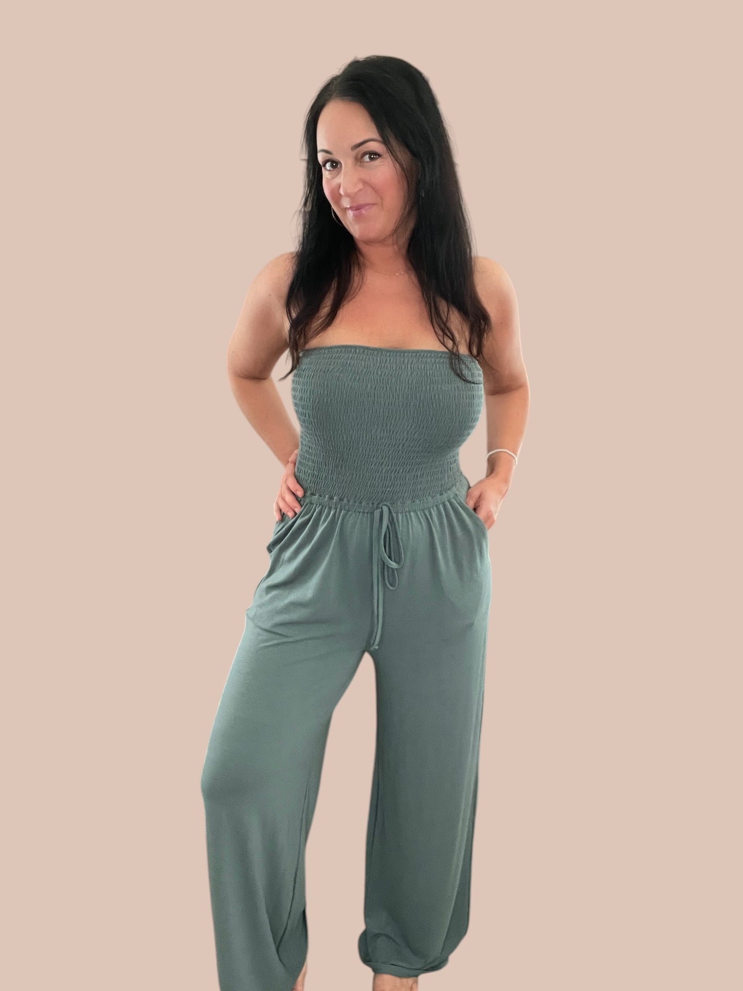 Smocked Tube Top Wide Leg Jumpsuit