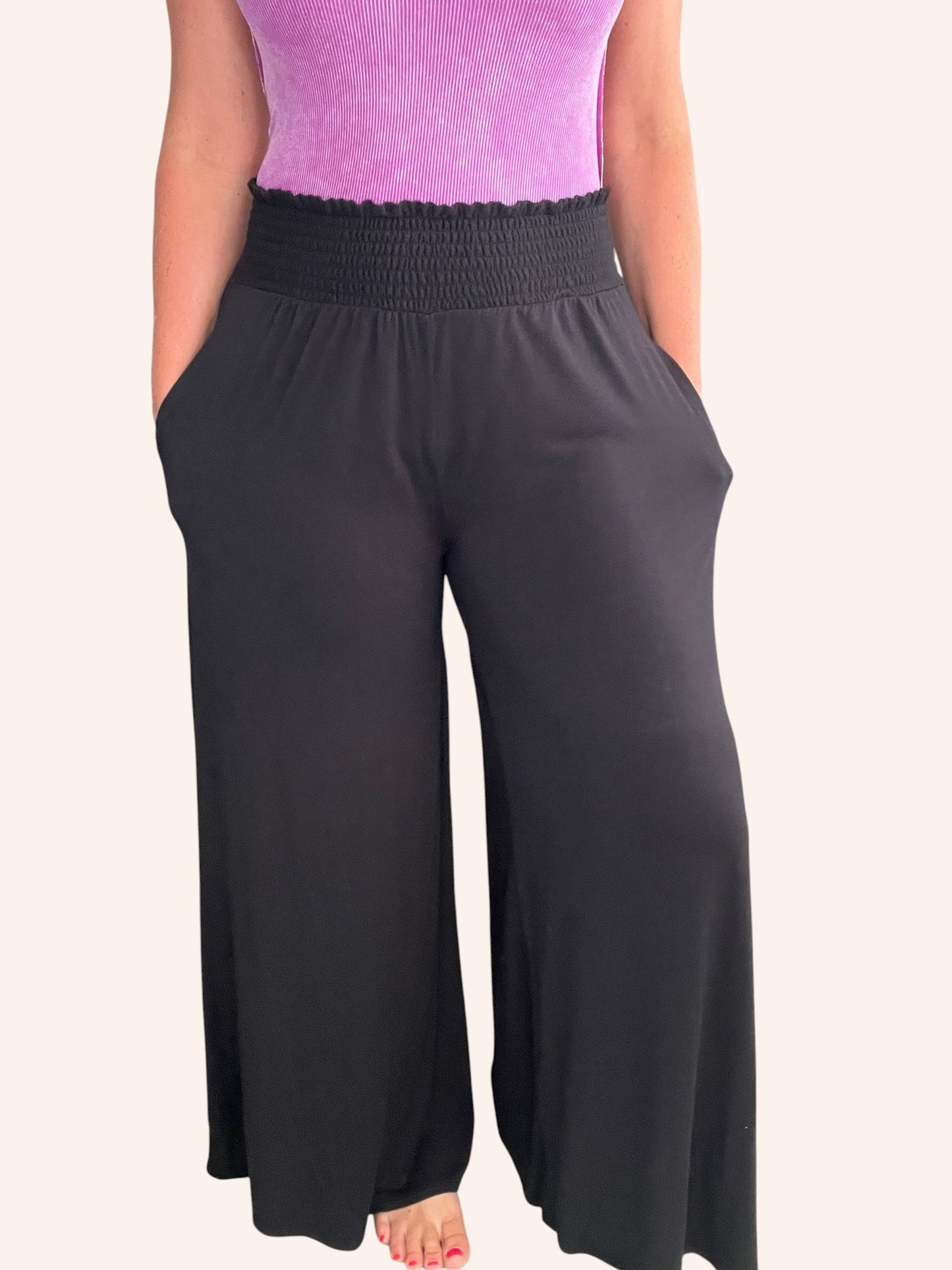 Smocked Waist Wide Leg Palazzo Pants