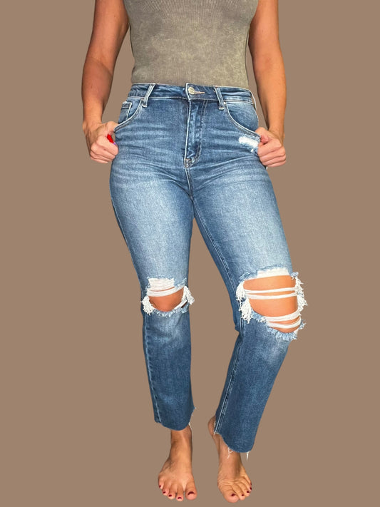 Risen High-Rise Knee Distressed Ankle Jeans