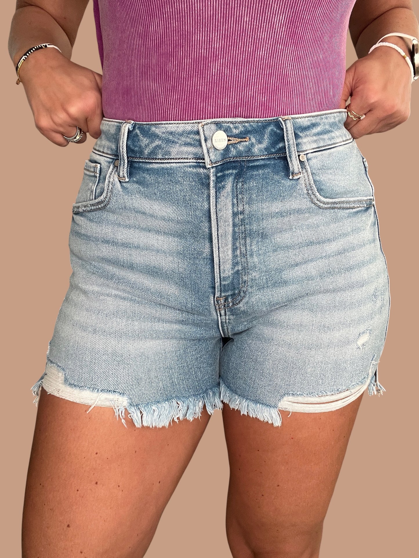 Risen ‘Easy Breezy’ High-Rise Distressed Side Slit Denim Shorts