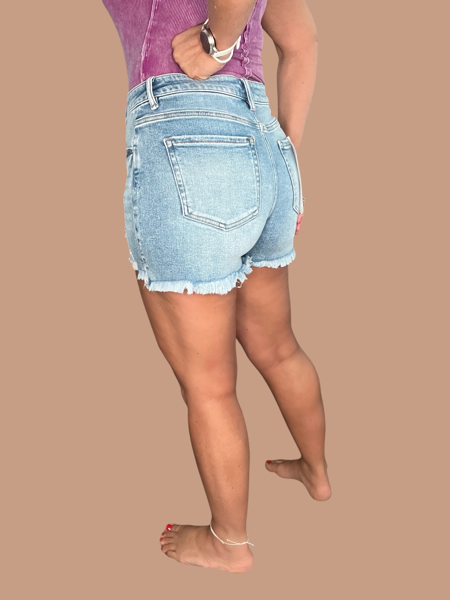 Risen ‘Easy Breezy’ High-Rise Distressed Side Slit Denim Shorts