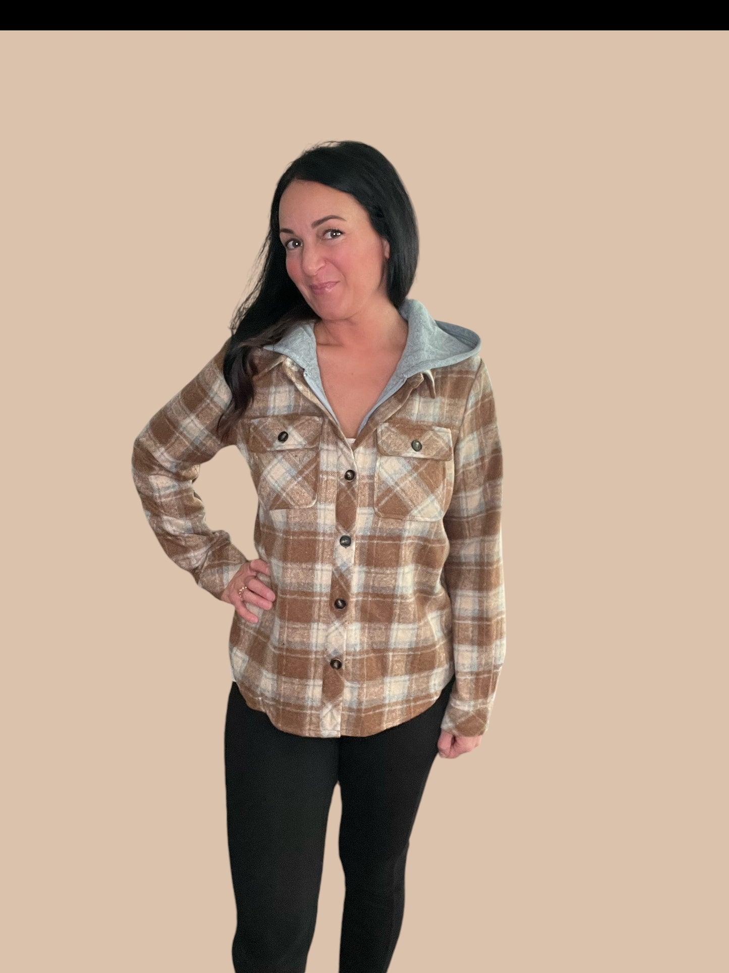 Button Down Plaid Shacket with Hoodie