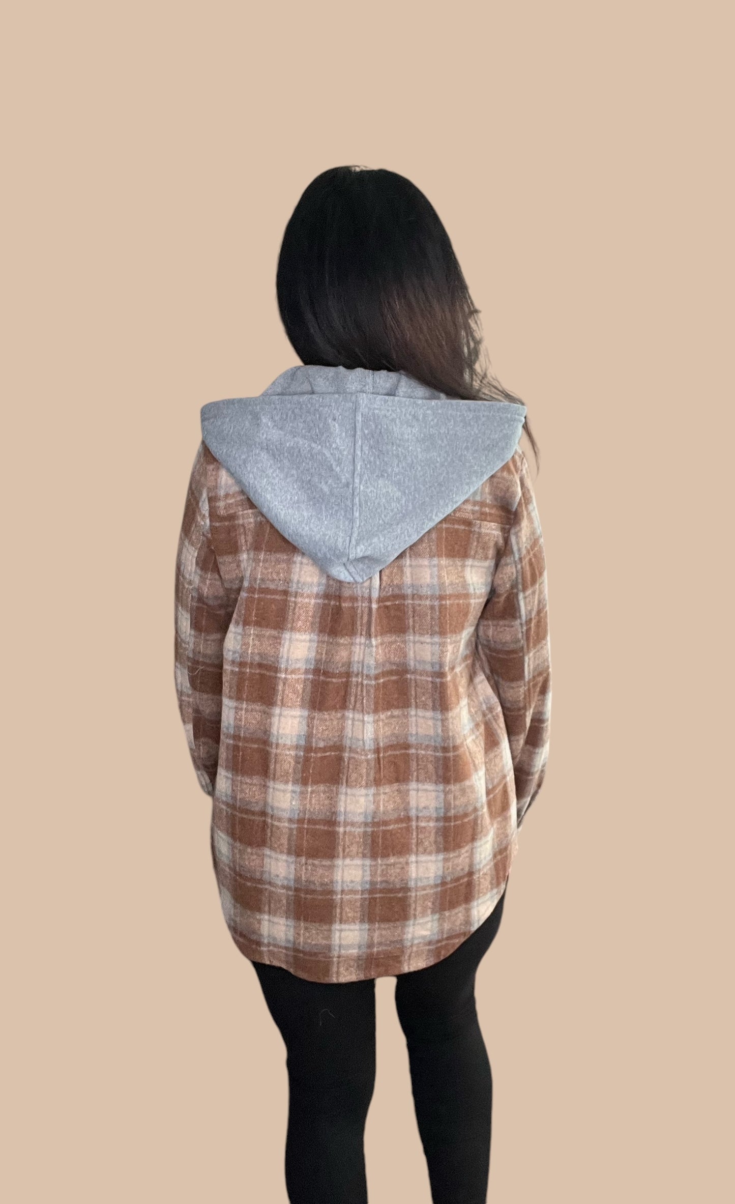 Button Down Plaid Shacket with Hoodie