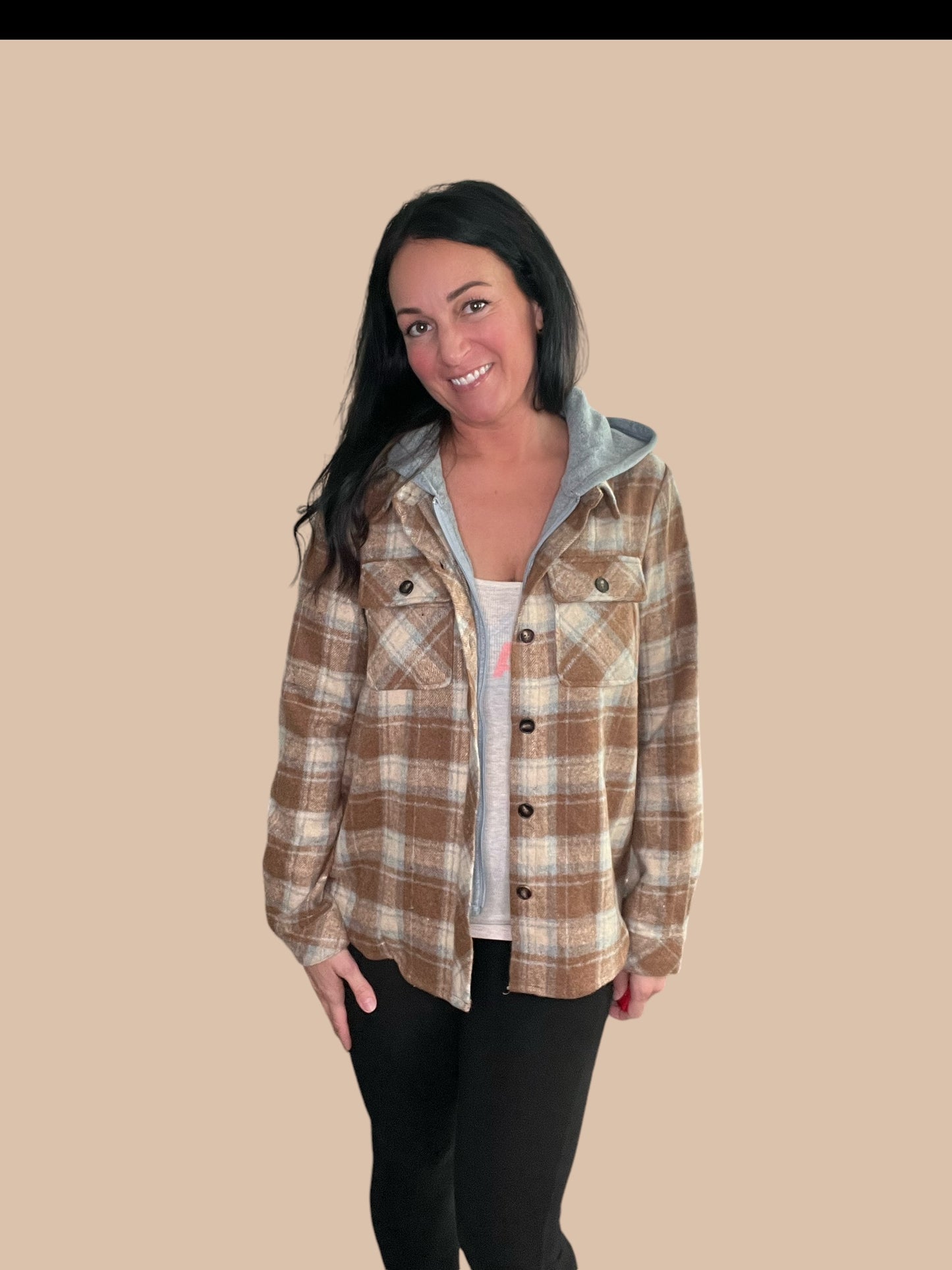 Button Down Plaid Shacket with Hoodie