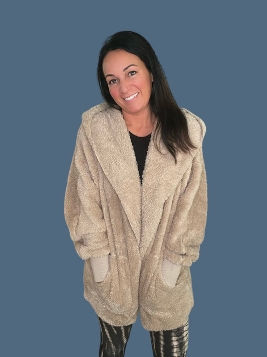 Plush Hooded Long Cardigan Jacket