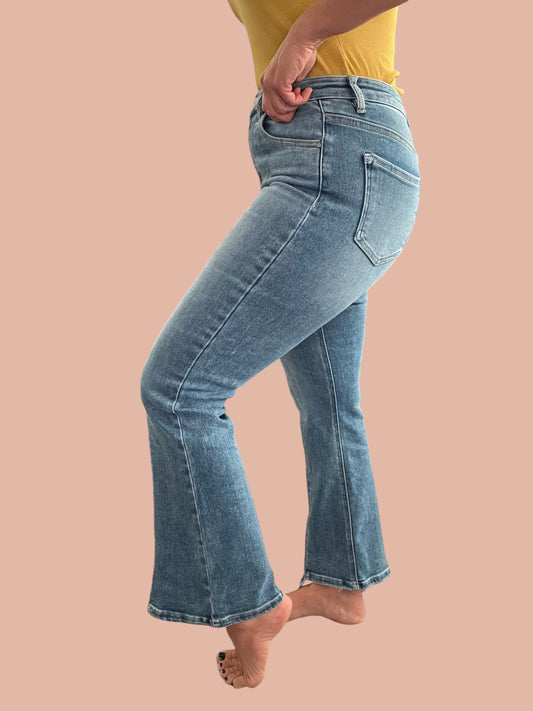 Risen High-Rise Front Seam Ankle Flare Jeans