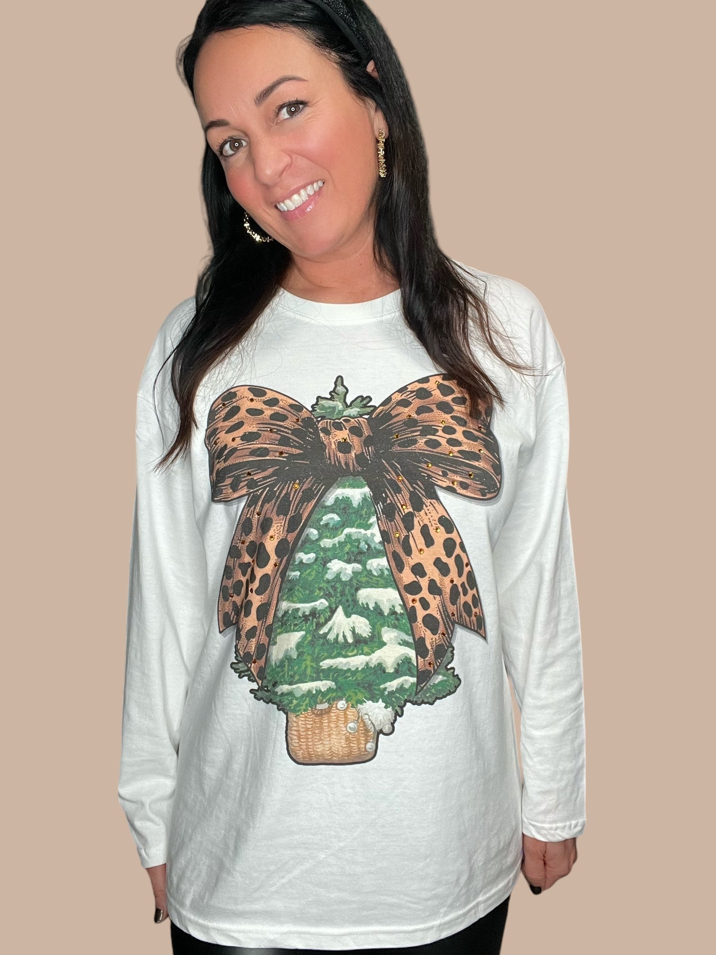 Snowy Tree Rhinestone Bow Graphic Long Sleeve T-Shirt