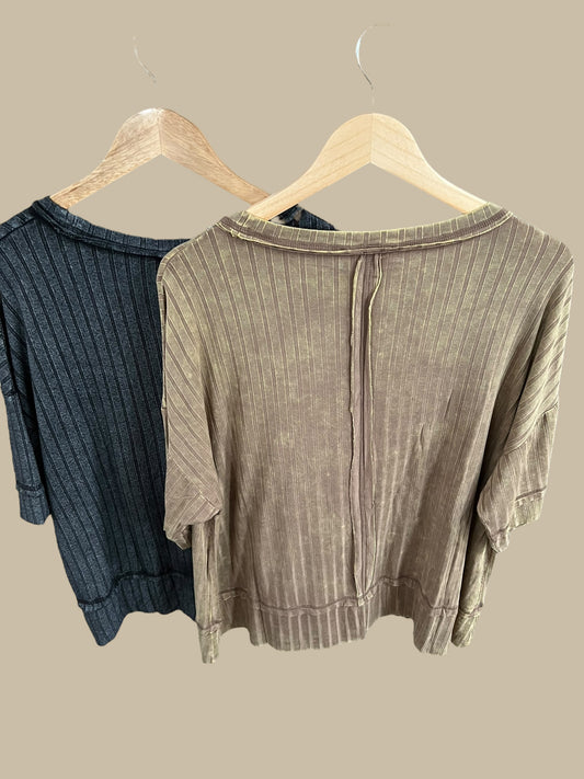 Ribbed Drop Shoulder Half Sleeve Top