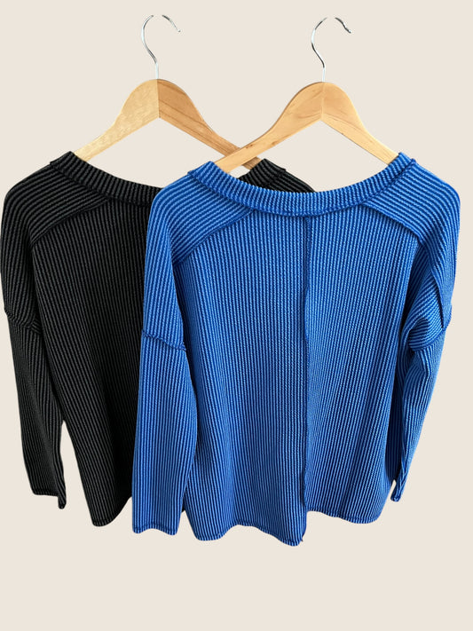 Corded Rib Long Sleeve V-Neck Top