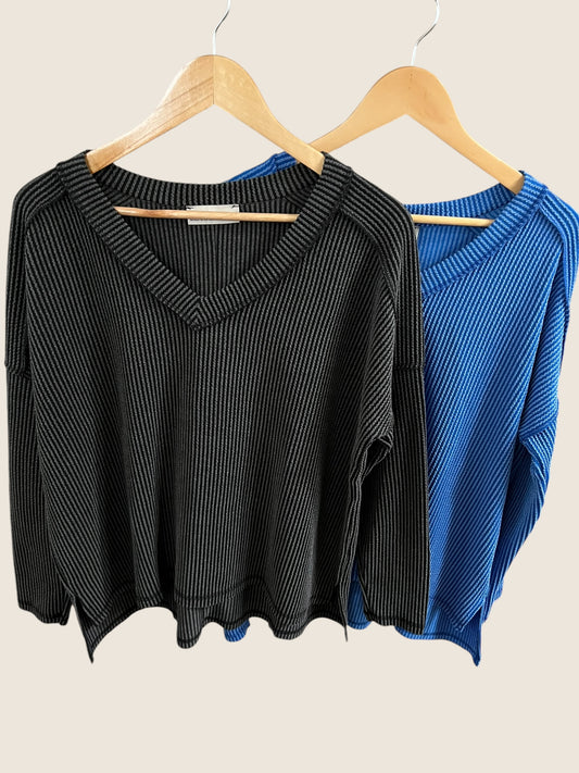 Corded Rib Long Sleeve V-Neck Top